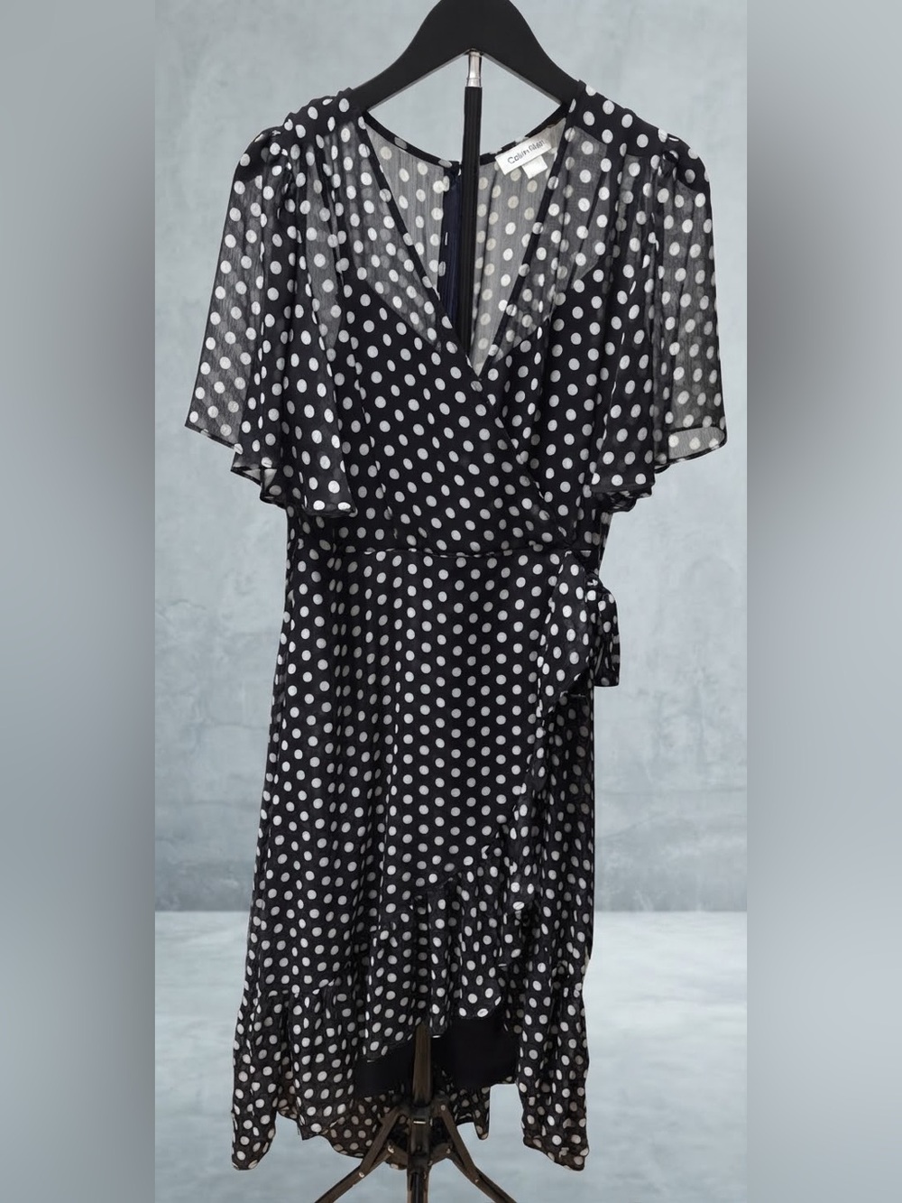 Calvin Klein Black & White Polka Dot Chiffon Wrap Dress Size 6 Flounce Ruffle